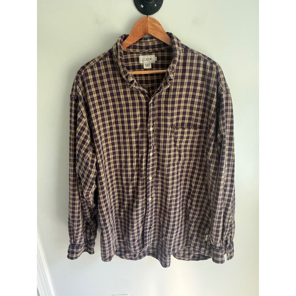 J.Crew Mens XL Plaid Button Down Shirt Purple Tan Long Sleeve Cotton Flannel